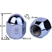 Гайка колесная 12*1,5*35 ключ 21 закрытая, конус 60, Хром 02527
